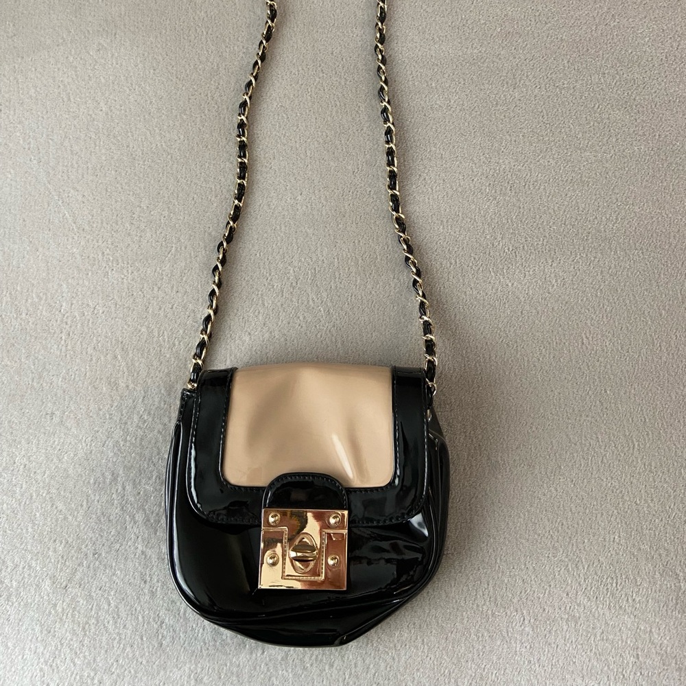Black and Beige Patent Leather Crossbody Handbag